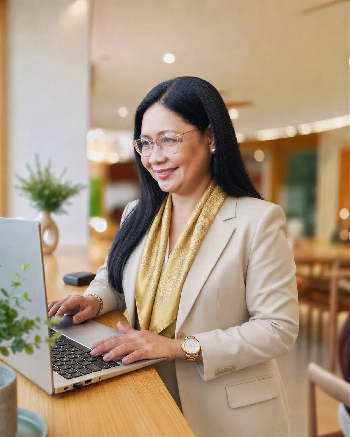 Beth Gucio, LaunchKin client lead, smiling as she works on her laptop in a bright café